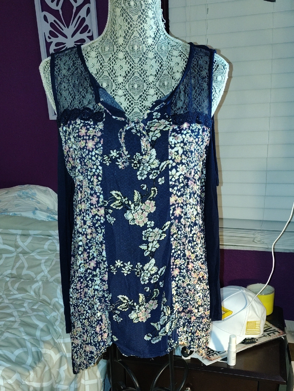 Navy Floral Lace-Trim 3/4 Sleeve, Bare Shoulder Top